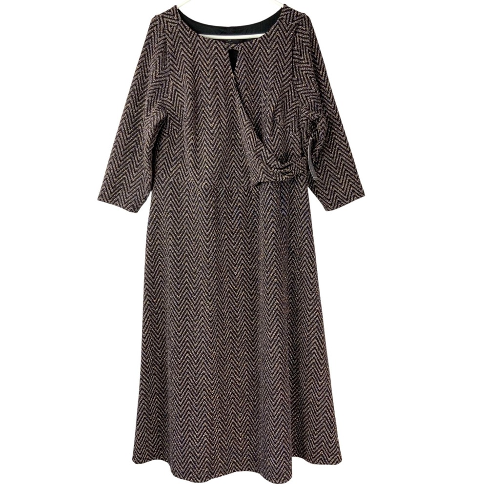 Lane Bryant Black Gold Chevron Midi Dress 18/20 Pullover V-Neck 3/4 Sleeve Wrap